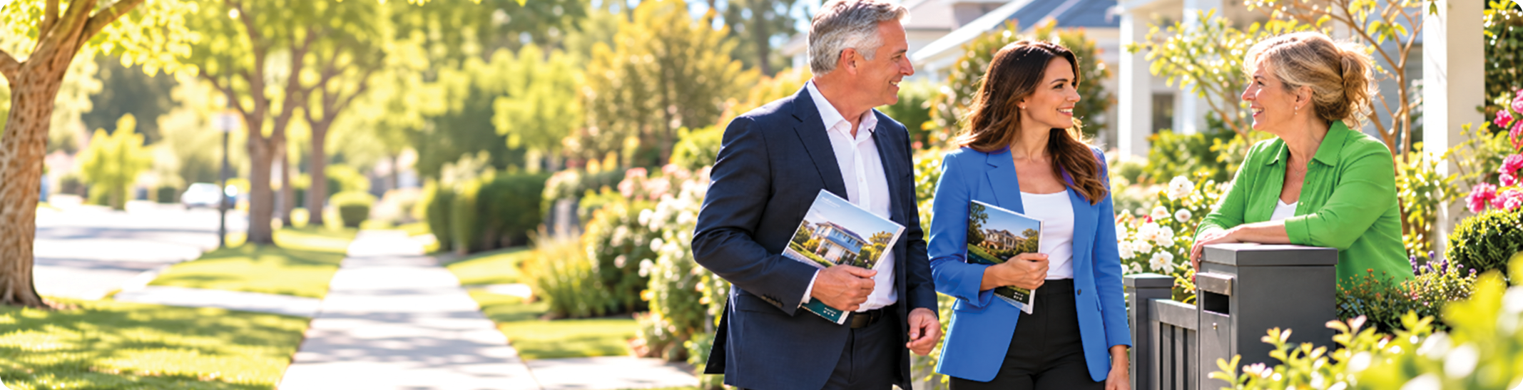 Real estate agents prospecting a local street and talking with a homeowner beside the letterbox