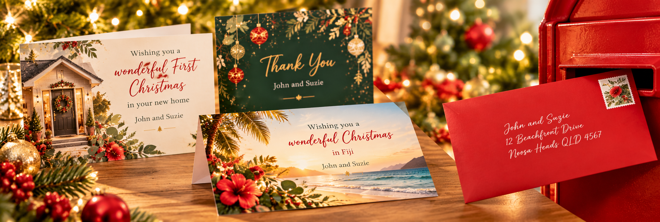 Personalised Christmas cards and a posted envelope ready for real estate clients