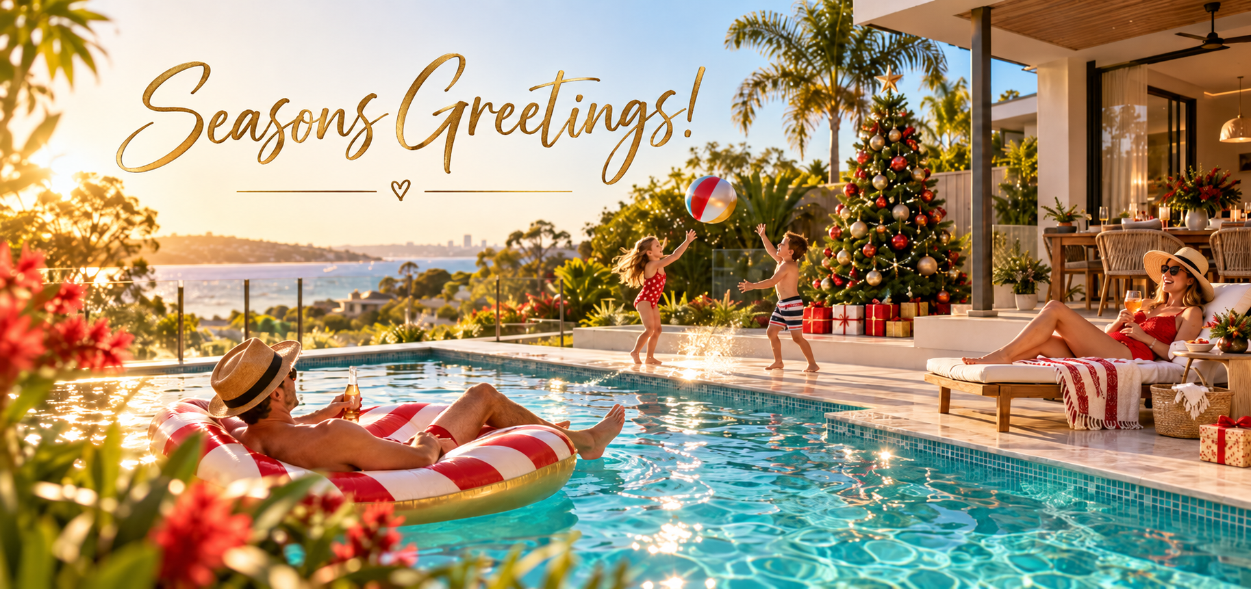 Tropical seasons greetings Christmas card by the pool for real estate clients