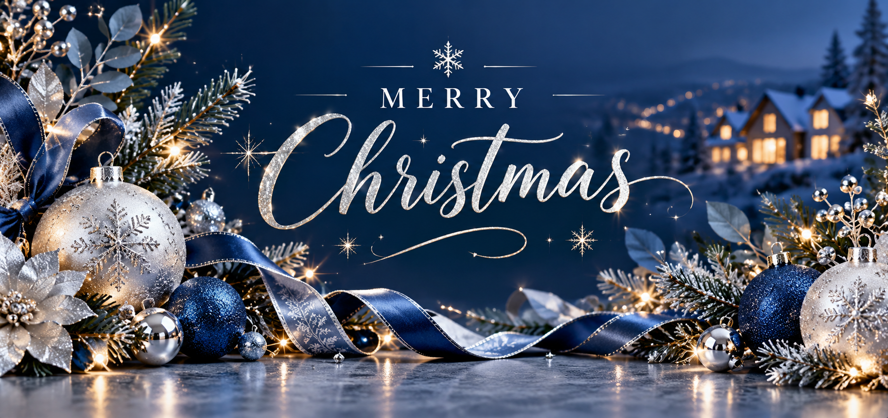 Elegant silver and blue Christmas card for real estate clients