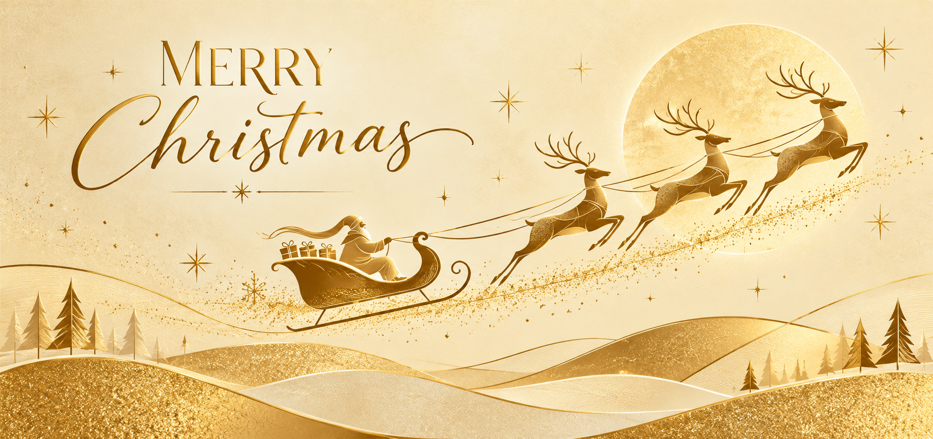 Golden sleigh over winter hills Christmas card for real estate clients