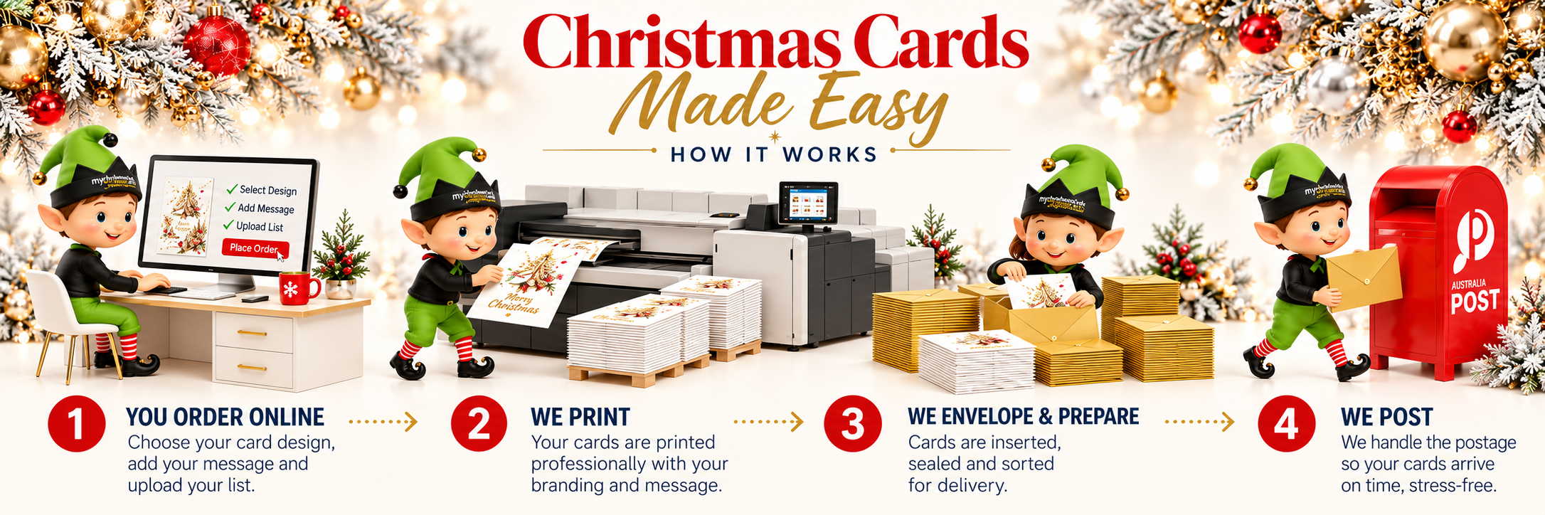 Christmas cards made easy: order real estate Christmas cards online, then we print, envelope and post them