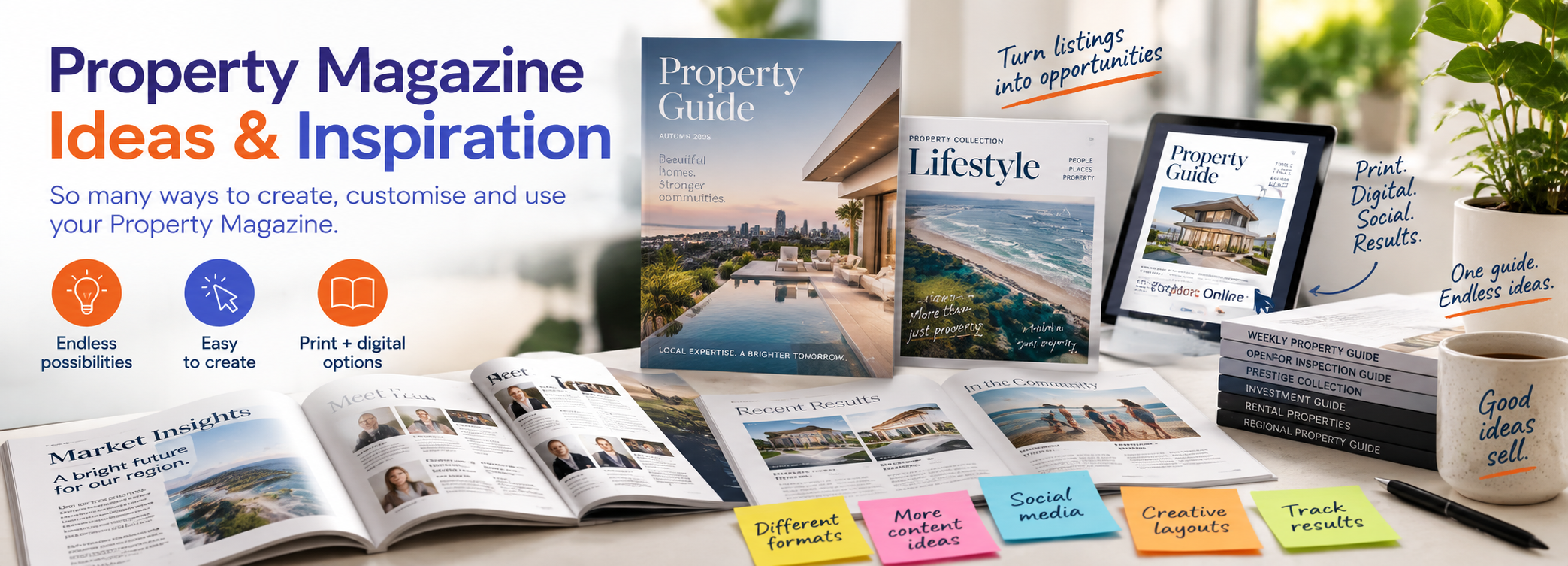 Property magazine ideas and inspiration banner showing print and digital property guide formats layouts and content options for real estate agents