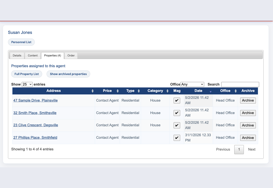 Search by agent in the properties list