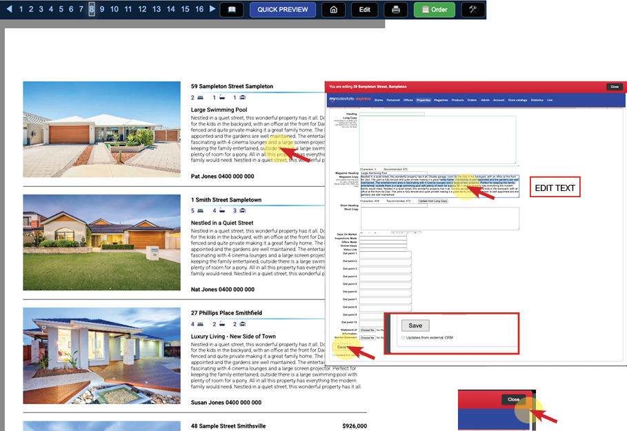 Edit copy from within the brochure or magazine preview window