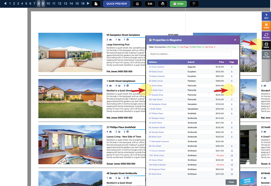 Magazine properties list pop-up for quick checking and editing